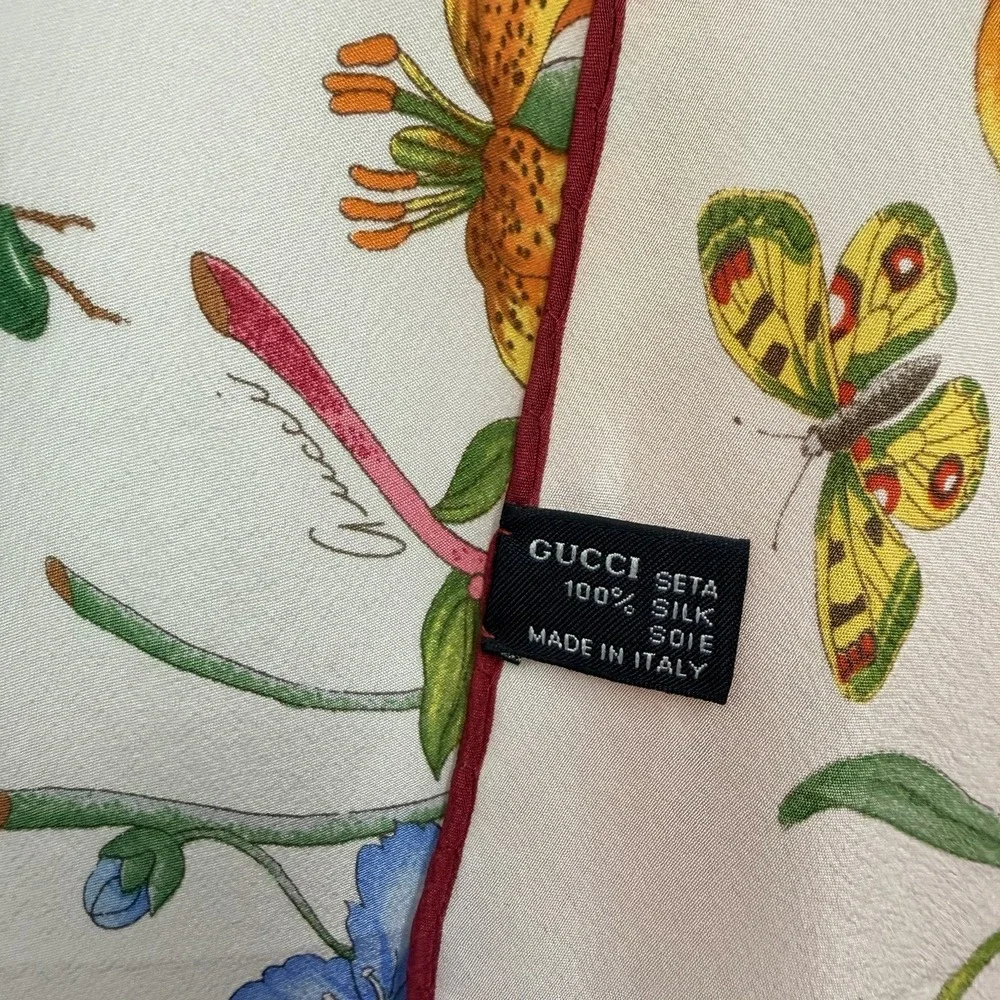 Vintage Gucci 100% Silk Floral & Insects Scarf Signed 